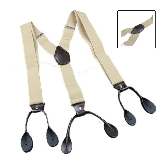 6 Button Holes Link Men's Suspenders Beige Color 24-43" Adjustable Length 1.37"W