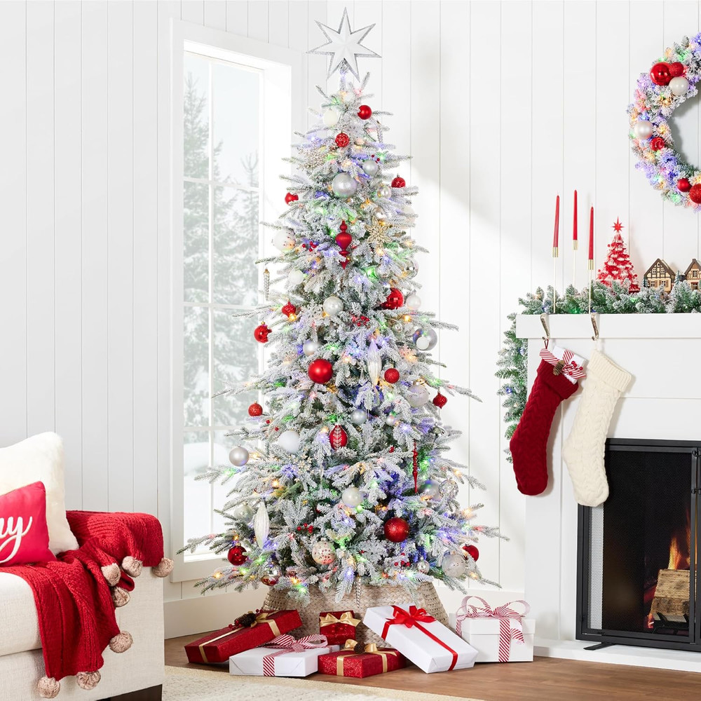 12Ft Lighted Flocked Aspen Christmas Tree with White & Multicolored LEDs