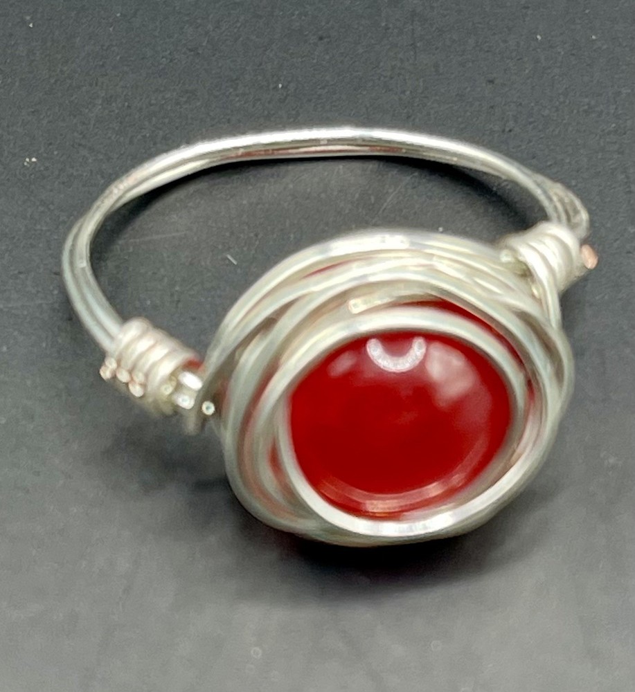 Wire Wrapped red stone Ring.  Size 8.  Silver Wire.