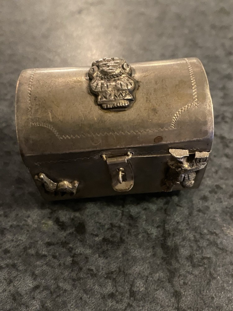 Antique Tiny Alpaca Silver Chest with embossed motifs & lock.