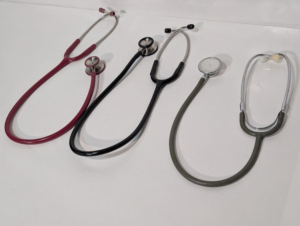 (3) ADC Adscope and unbranded Stethoscopes, Assorted Colors Red Black Grey