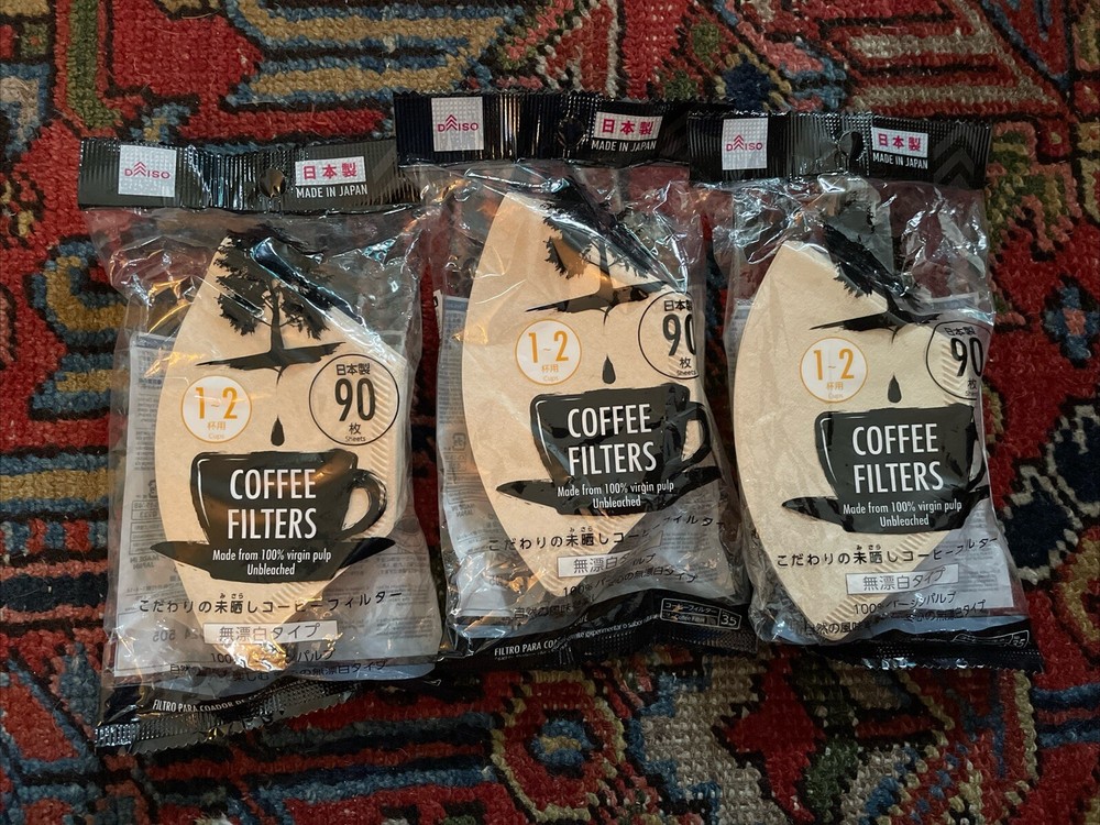 Daiso Coffee Filter 1-2 Cups, Unbleached, 90 Sheets × 3 Packs, Japan Virgin Pulp