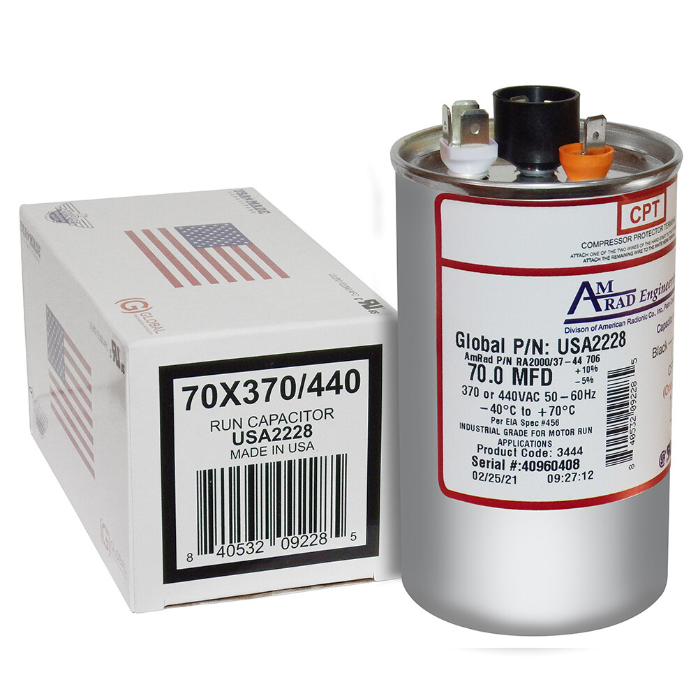 AmRad USA2228 Round Run Capacitor 70 uF MFD 370 / 440 Volt Made in USA