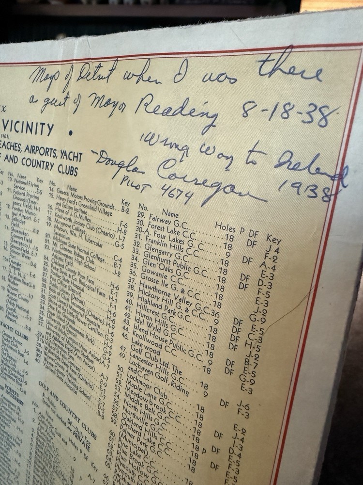 1938 Douglas "Wrong Way" Corrigan Signed Detroit Shell Map Aviation Autograph