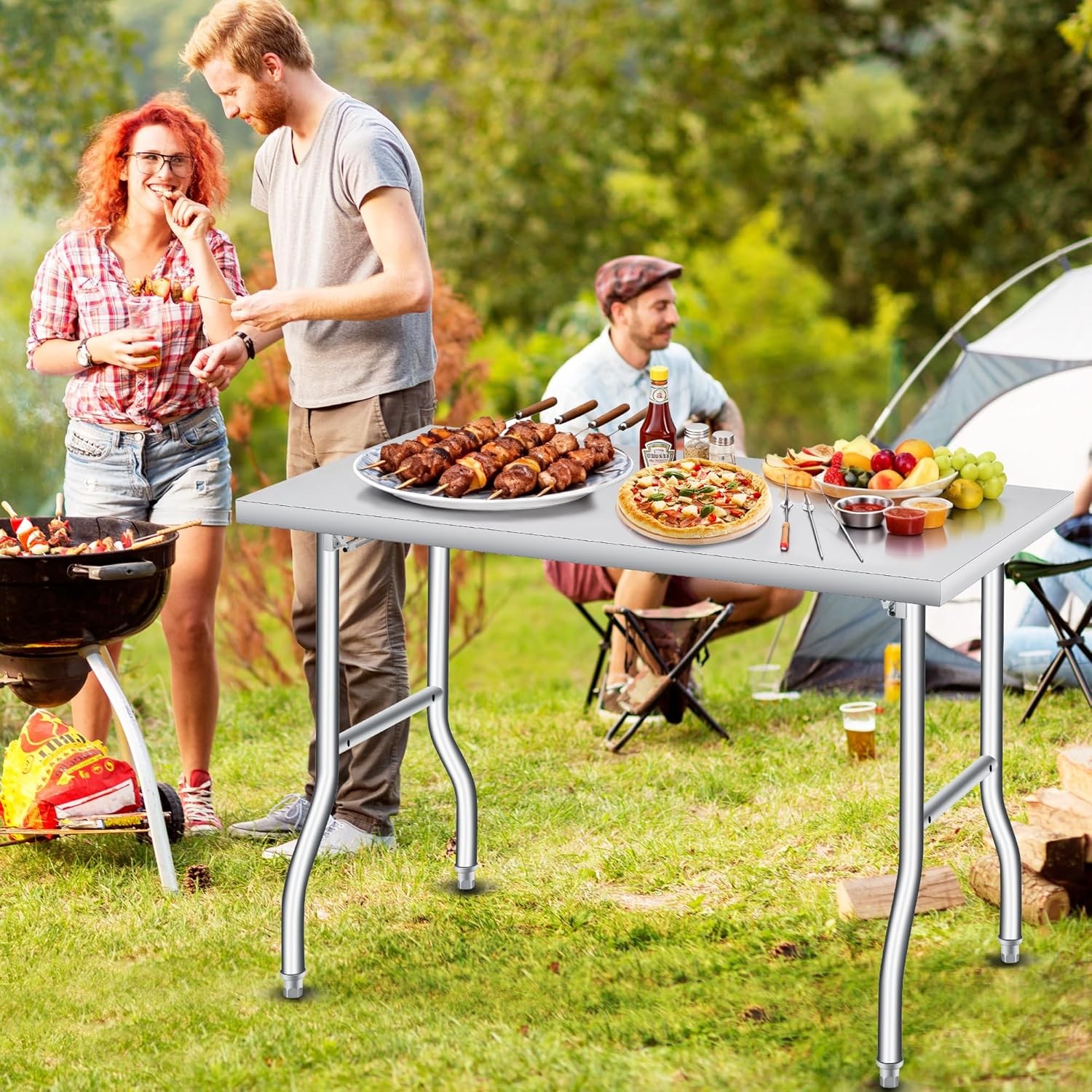 Folding Stainless Steel Table, Portable Workbench with Undershelf for Kitchen