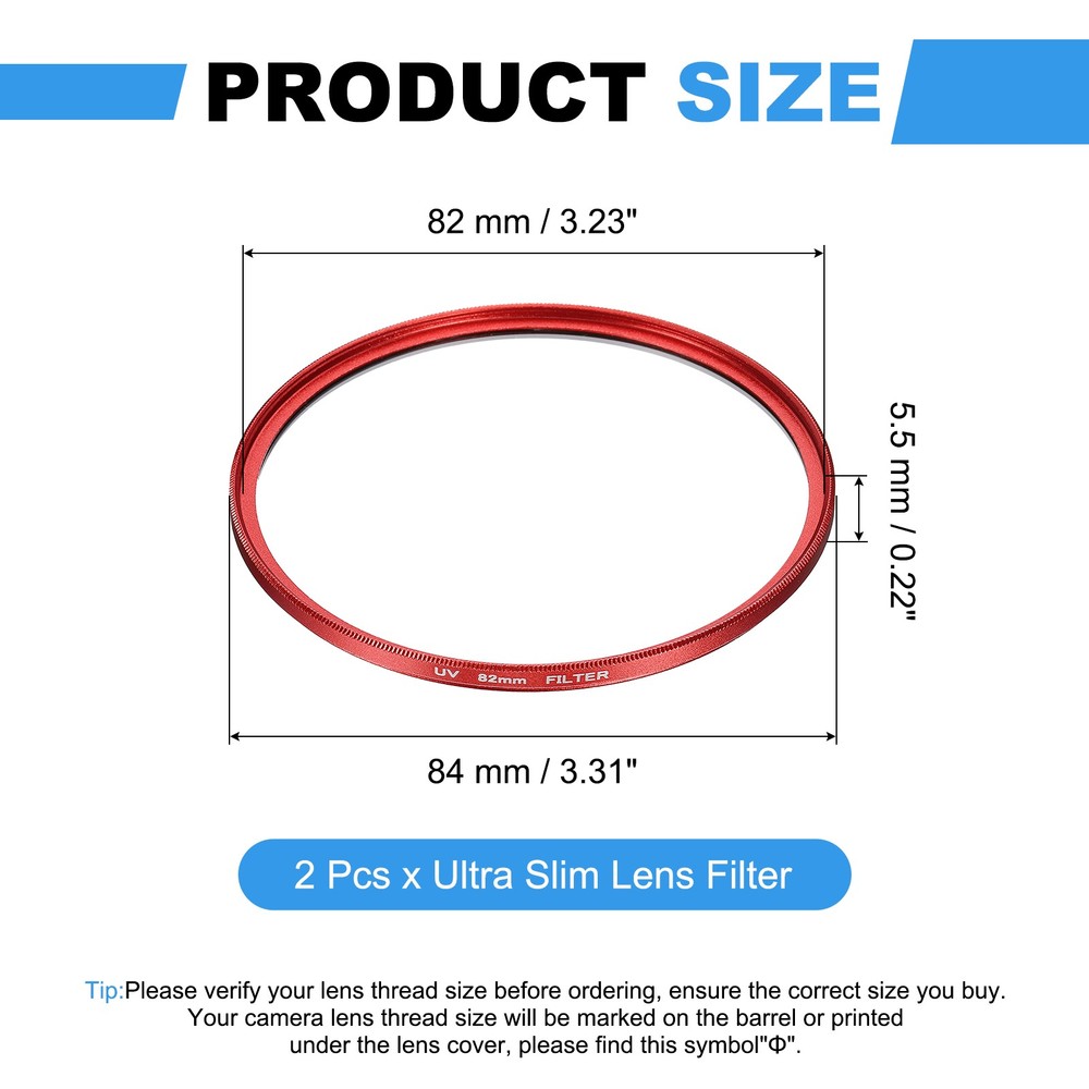 2Pcs 82mm Ultra Slim Lens Filter Multi Coating Camera Len Filter, Red