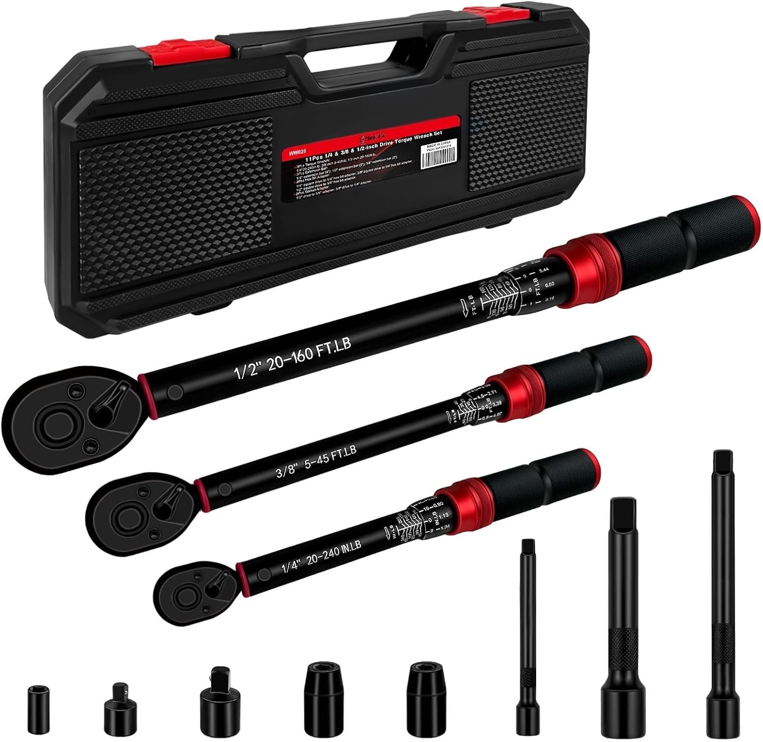 11Pcs Torque Wrench Set, 1/4'' & 3/8'' & 1/2'' Drive Click Torque Wrench, with