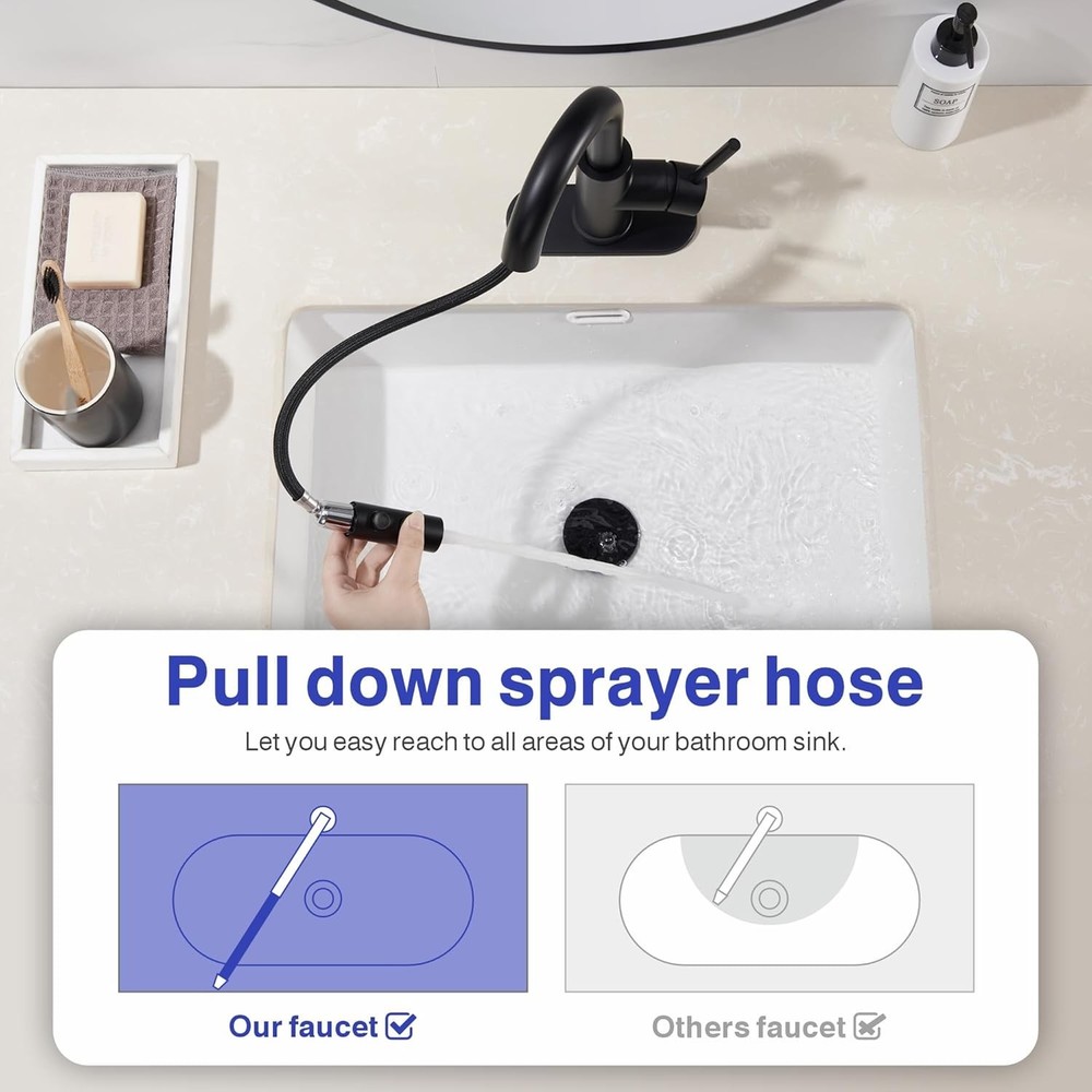 Bathroom Sink Faucet W/ Pull Down Sprayer Matte Black Single Handle Pull Out