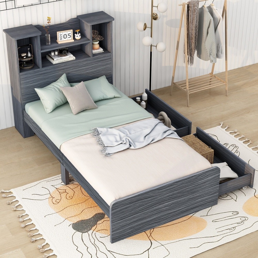 Twin Size Bed Frame Wood Platform Bed with Storage Shelf & Drawer & LED Light US