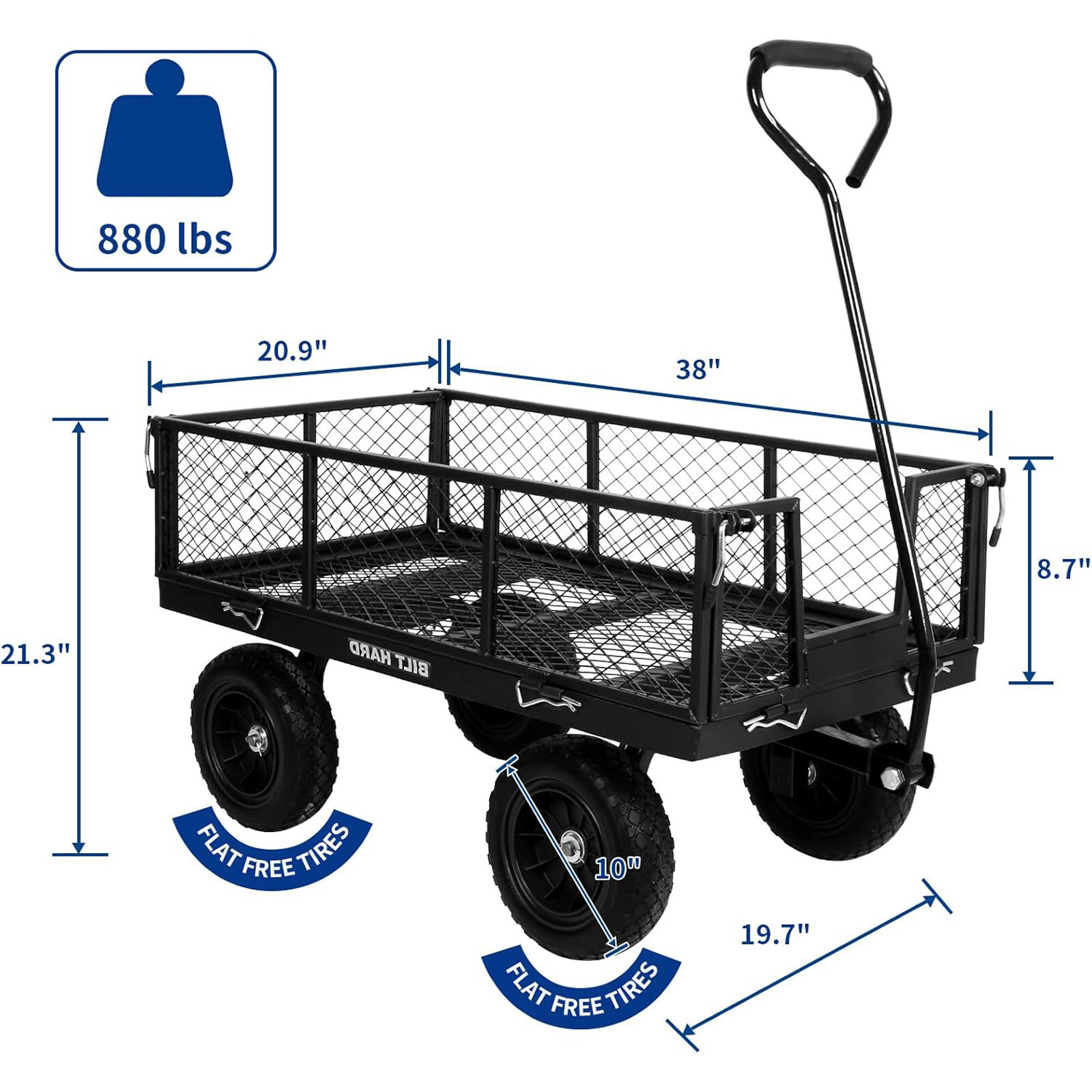 BILT HARD Garden Cart Heavy Duty Steel Mesh Yard Utility Wagon 880 lbs 10" Tire