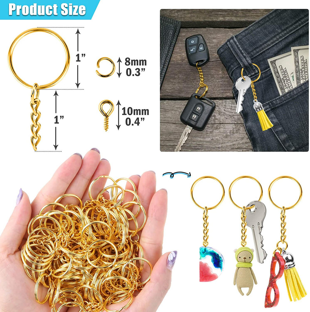 Keychain Rings Kit for Crafts Gold, Includes 100Pcs Split Key Ring with Chain,