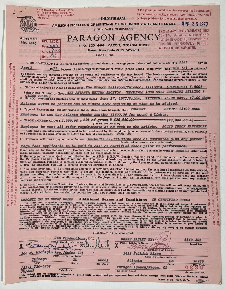 The Atlanta Rhythm Section Concert Contract 1977 Chicago IL