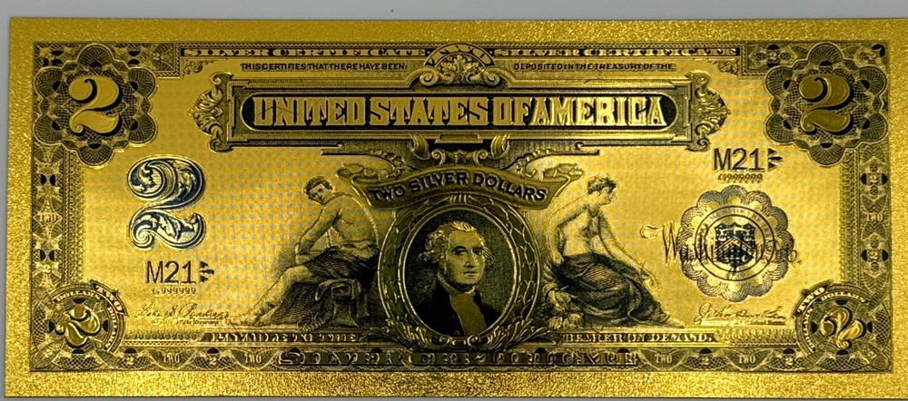 1899 $2 Silver Cert George Washington 24k Gold Foil Dollar Bill Novelty