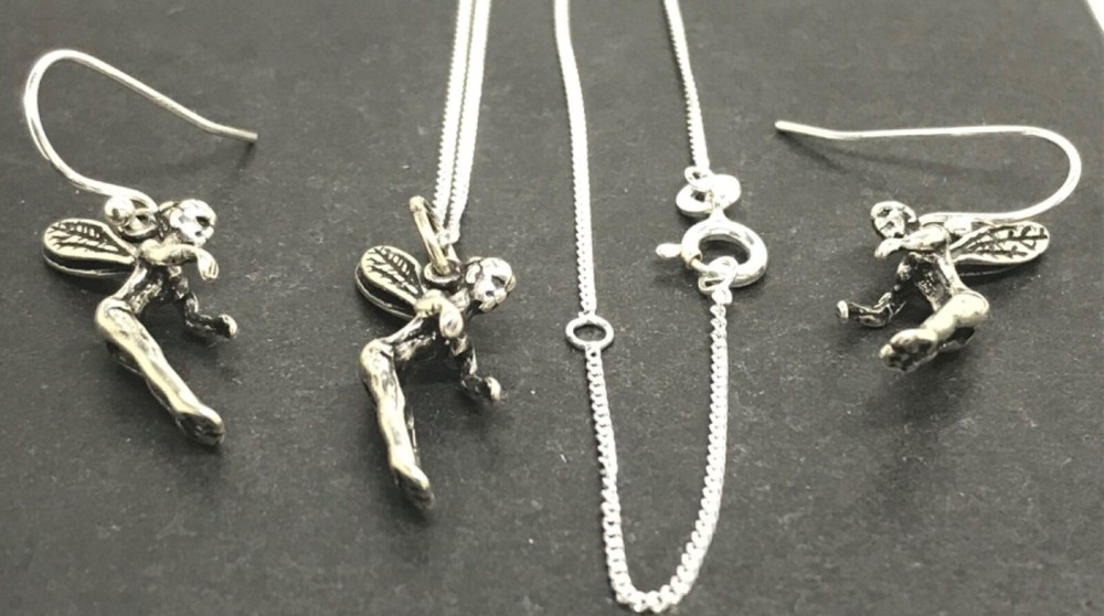 Fairy pendant necklace drop earrings set solid Sterling silver. Gift box