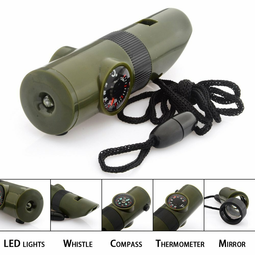 7-in-1 Survival Whistle Military Compass LED Light Thermometer Camping Emergency