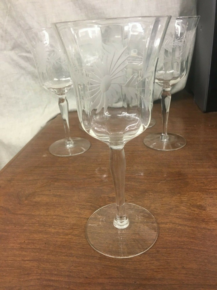 5 Elegant Etched Cut Paneled Wine Stems 7-3/4" Unknown