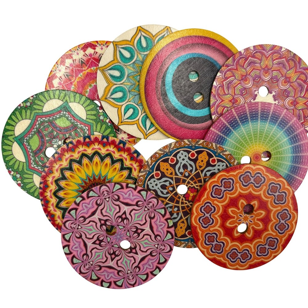 20 Pack Decorative Wood Buttons Mandala Patterns 3 Inch Multicolor Style B
