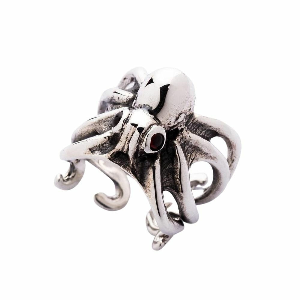 Red Eyes Sterling Silver Octopus Ring