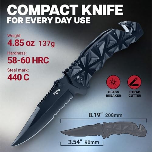 Pocket Knife for Men - Serrated Sharp 3.5" Folding Blade - 1. Black