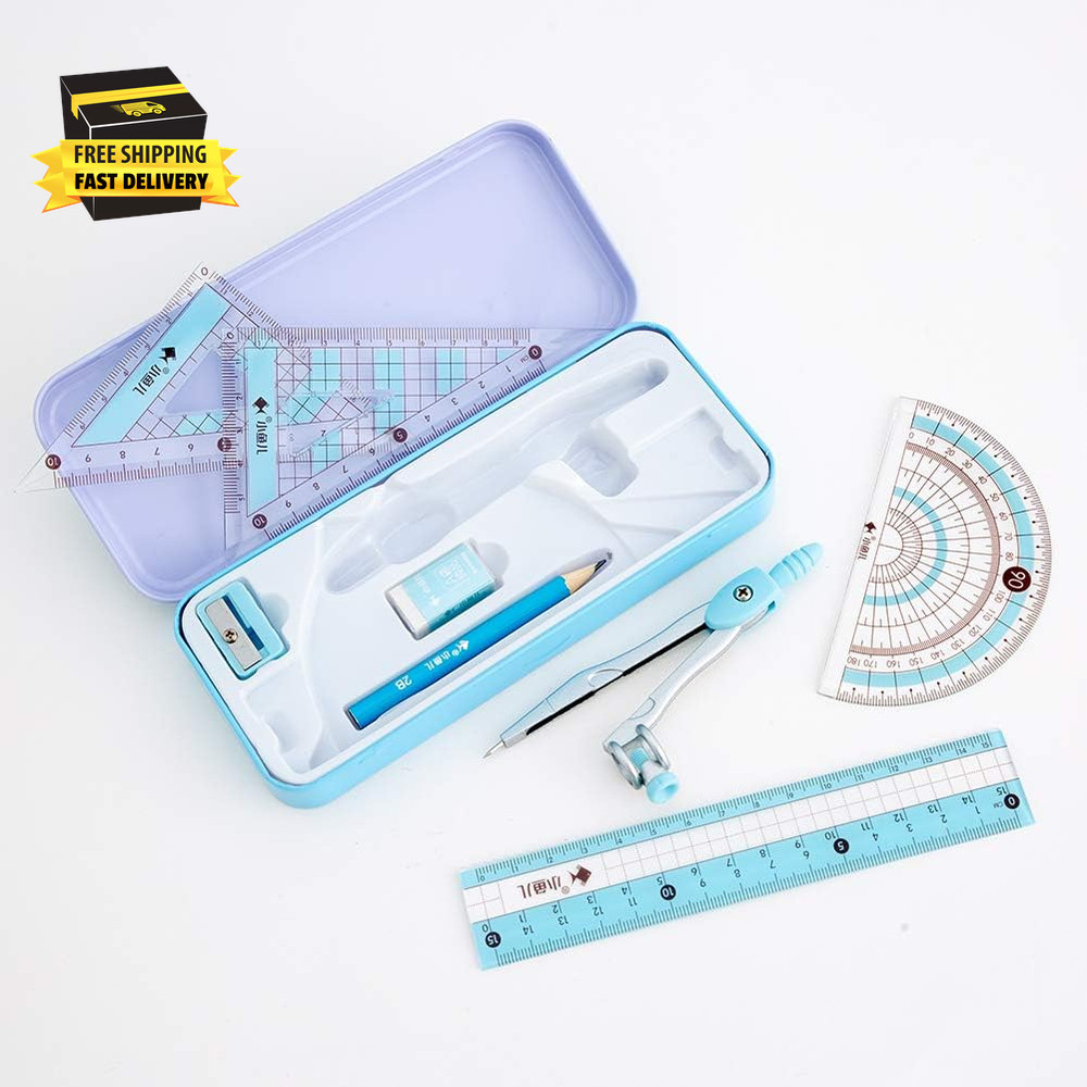 8 Pcs Compass/Math Set for Students with Shatterproof Storage Box, Geometry Set
