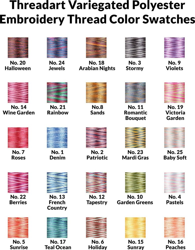 VARIEGATED POLYESTER EMBROIDERY THREAD 1000M SPOOLS 25 COLORS 40 WT - THREADART
