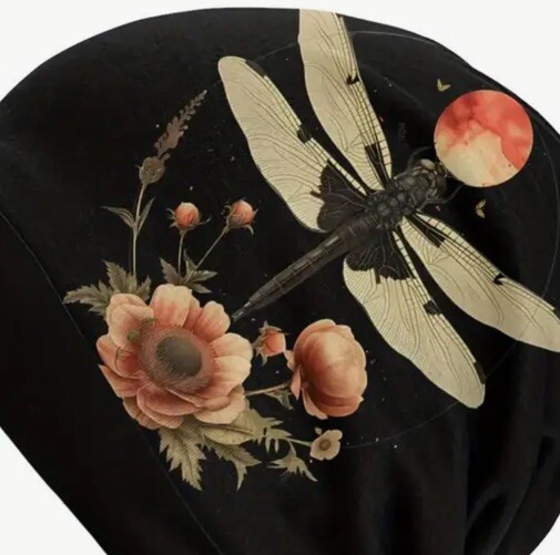 Moon & Dragonfly Beanie Hat Cap Skully Reversible Stretch