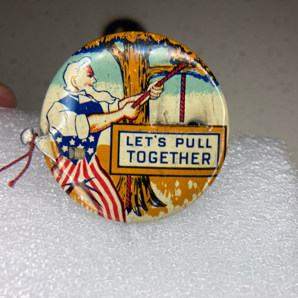 Vintage WWII Uncle Sam LET’S PULL TOGETHER Propaganda Mechanical Pinback Button