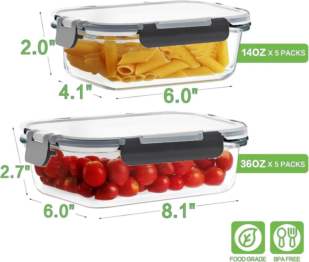 Durable Borosilicate Glass Meal Prep Containers with Locking Lids - 20 Pieces
