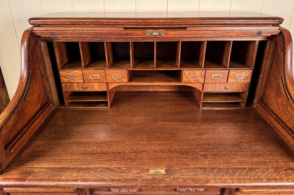 Antique Oak 50" Raised Panel S-Roll Top Desk with Carved Pulls