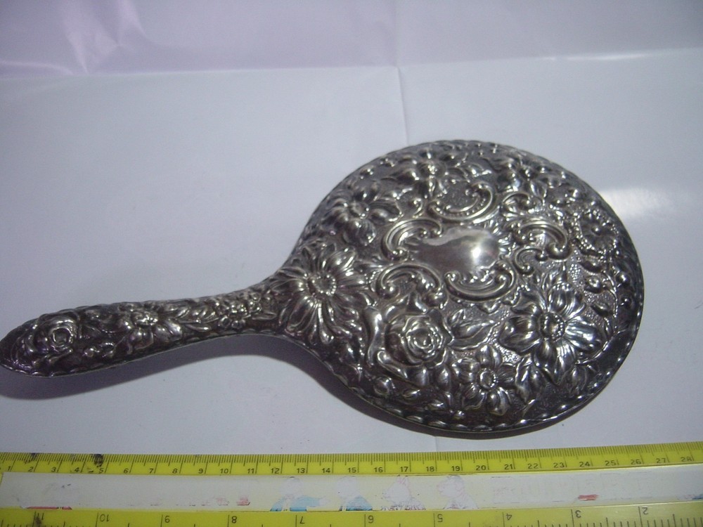 SPECTACULAR- SILVER OR PLATED ?- LARGE ELEGANT HAND HELD MIRROR-SUPERB DESIGN