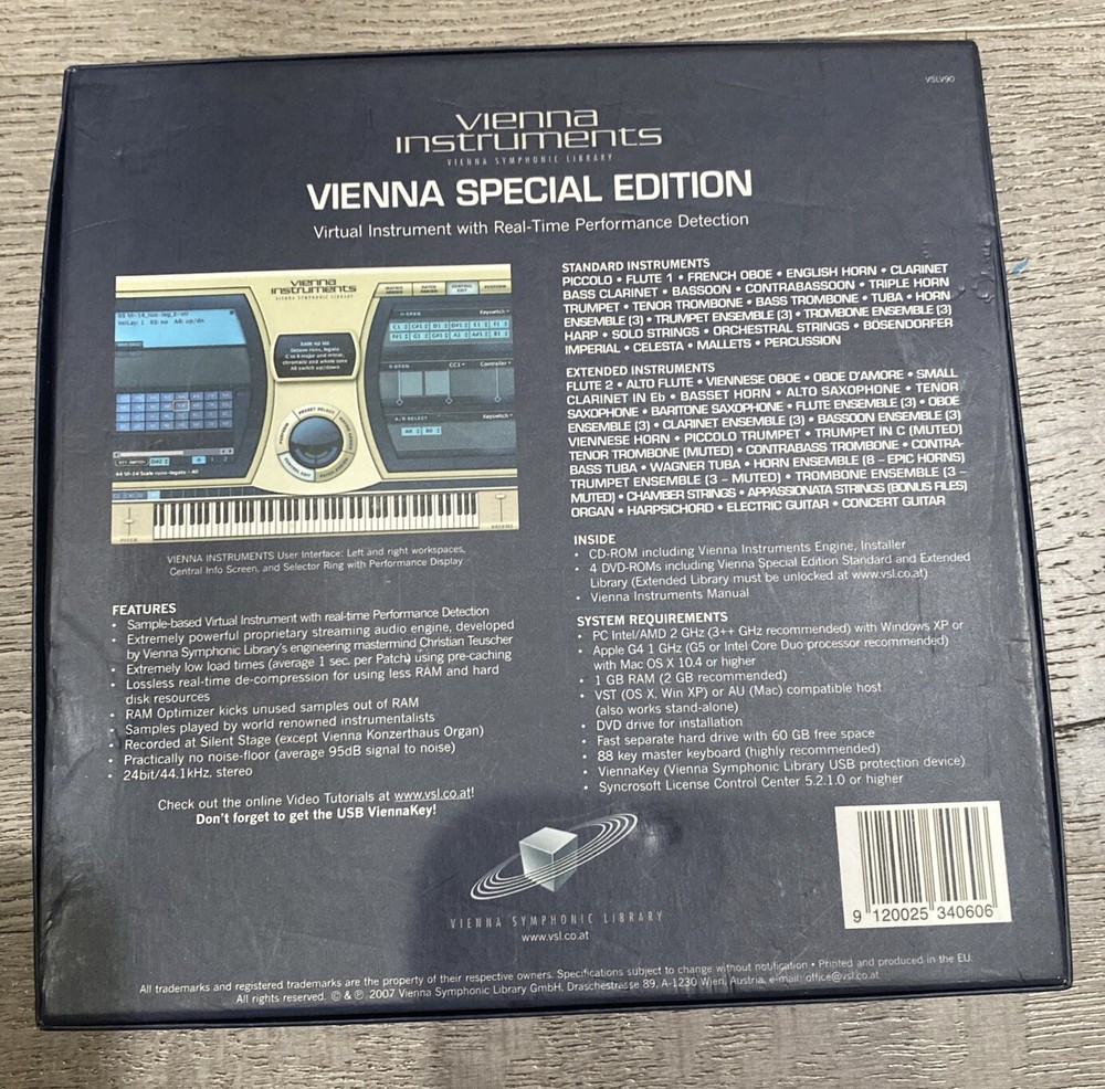 VIENNA SYMPHONIC LIBRARY SPECIAL EDITION VSL INSTRUMENTS SOFTWARE