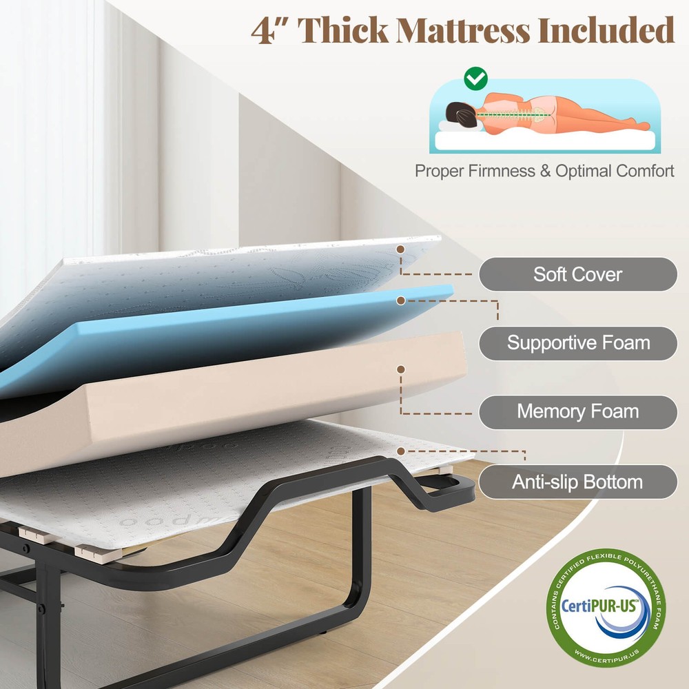 Murphy Bed Cabinet w/Mattress & Lockable Wheels, Folding Bed for Small Space