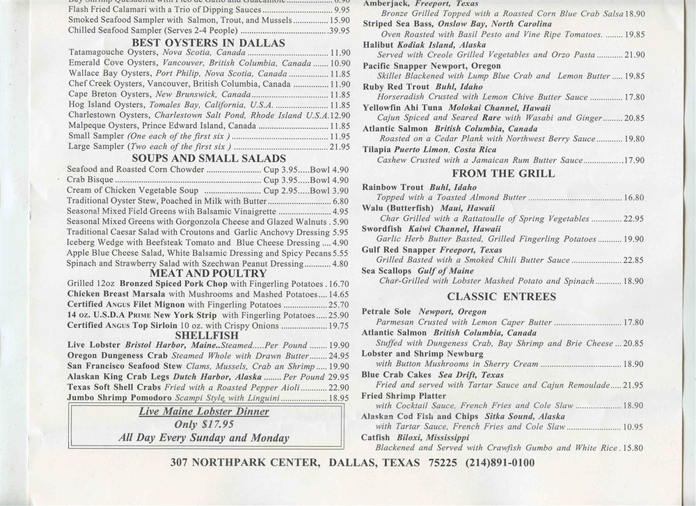 McCormick & Schmick's Seafood Restaurant Dinner Menu 2004 Dallas Texas