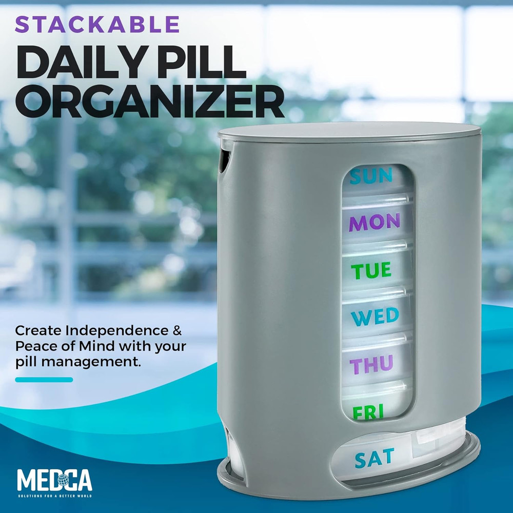 Weekly Pill Organizer, 1 Dispenser, 7 Stackable Compartments Four Times-A-Day -
