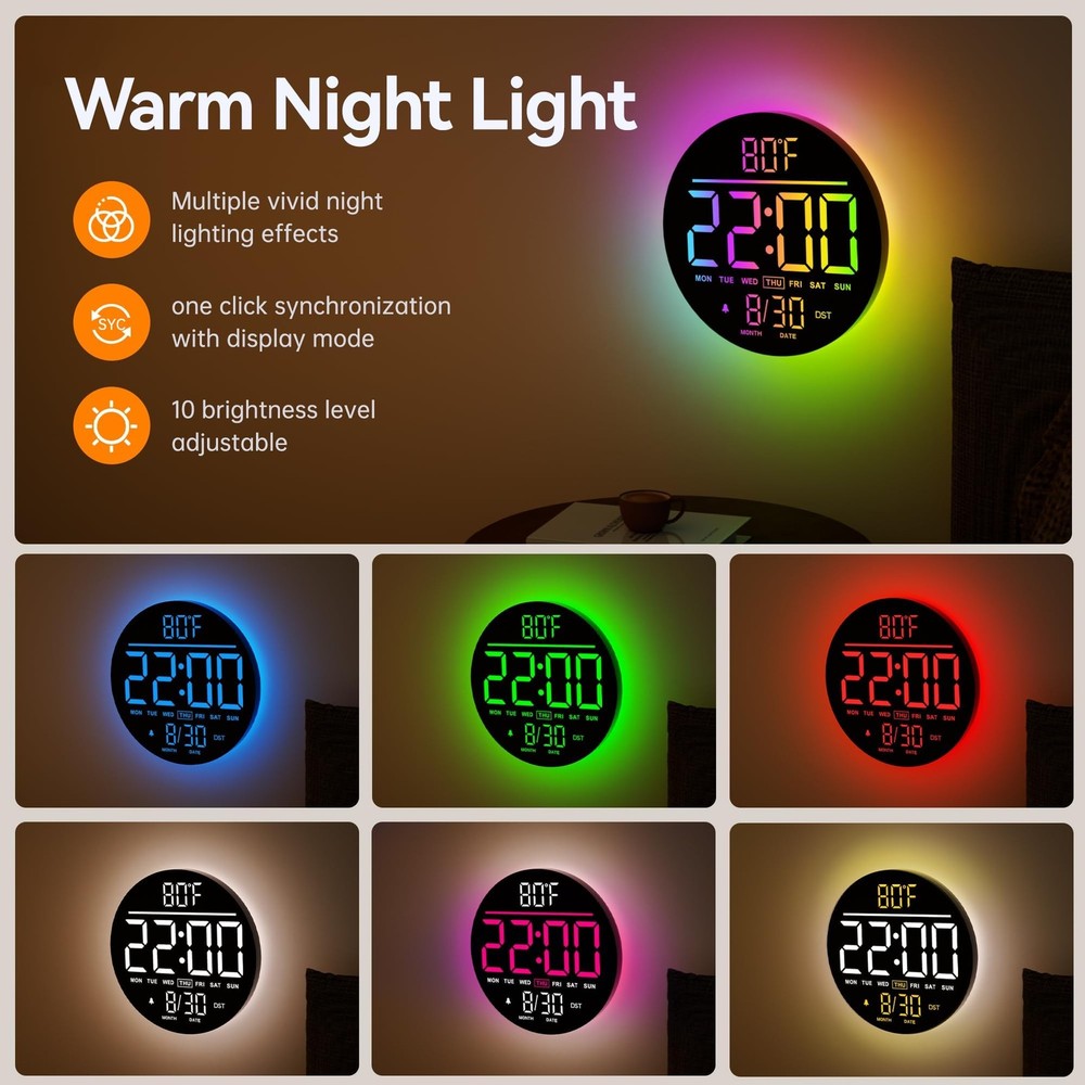 10" Large Digital Wall Clock with Seconds, Alarm Countdown Timer, Big LED Dis...