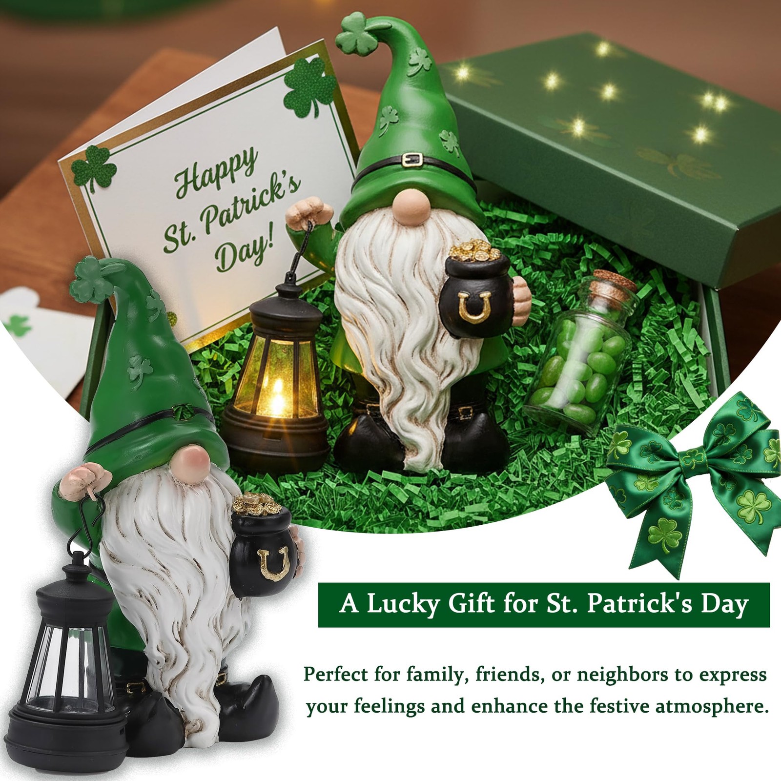 St. Patricks Day Gnome for Outdoor Decor, Resin Garden Gnome Holding Lantern ...