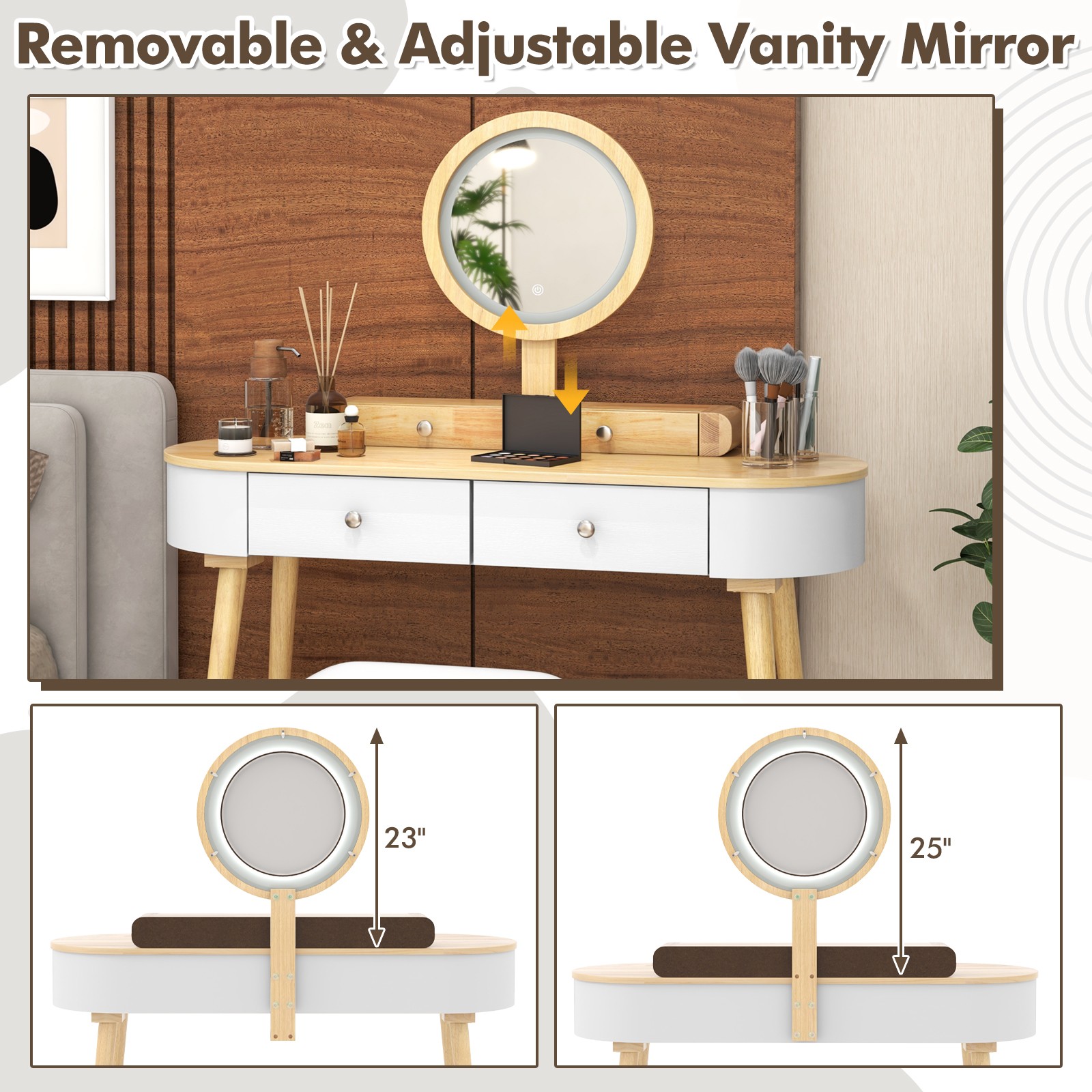 Solid Wood Makeup Vanity Desk Set w/LED Lighted Mirror, Drawers, Cushioned Stool