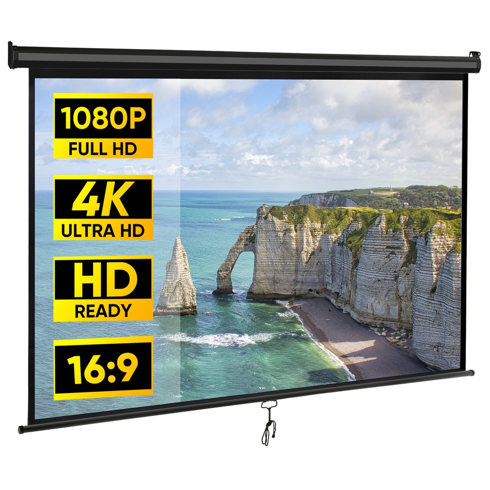 80" Diagonal Projection Projector Screen Manual Pull Down 16:9 HD 4K Movie Black