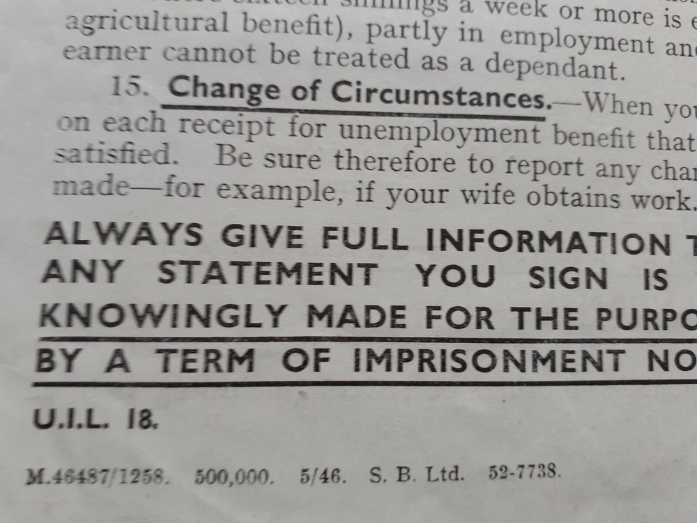 1946 Unemployment Benefit information leaflet