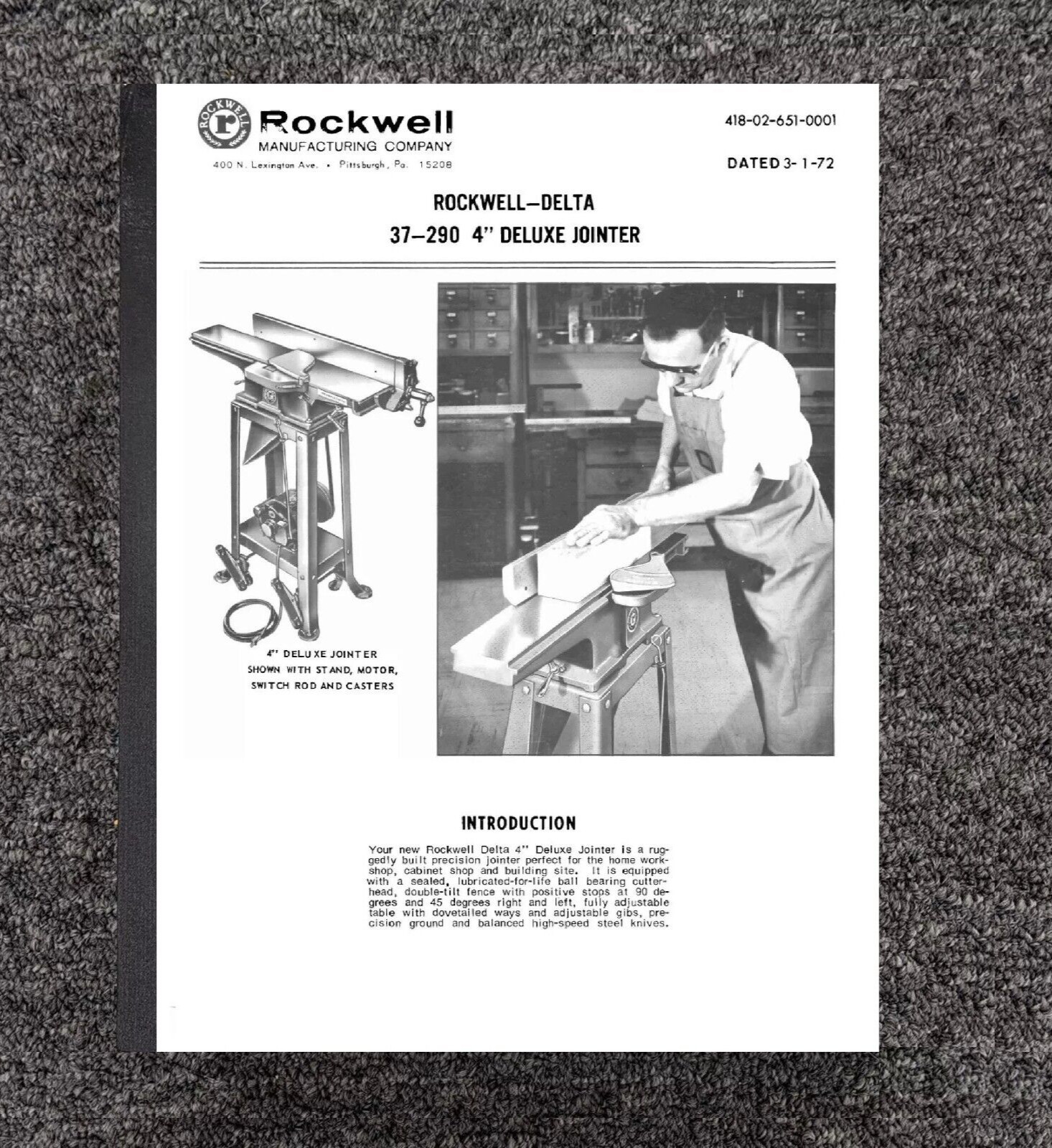 Instruction Maint & Parts Manual 1972 Rockwell 37-290 4 inch Deluxe Jointer