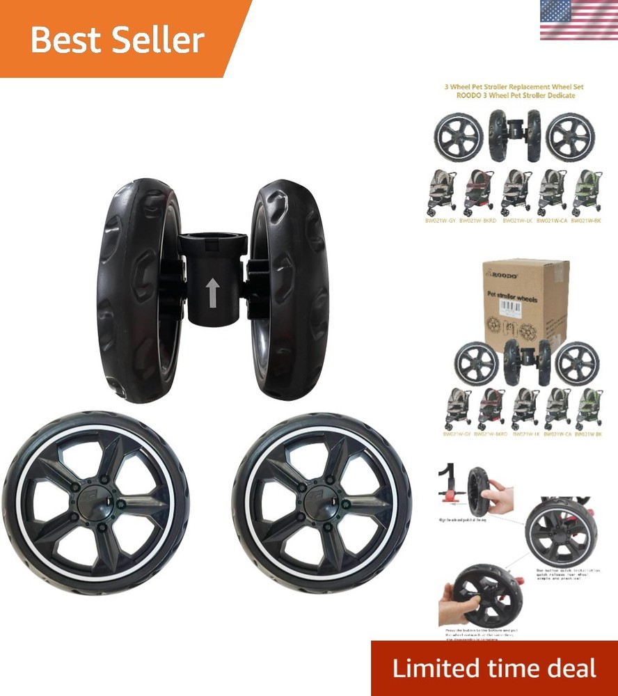 Replacement Wheel Set for 3 Wheel Pet Strollers - Easy Instal Without Tools