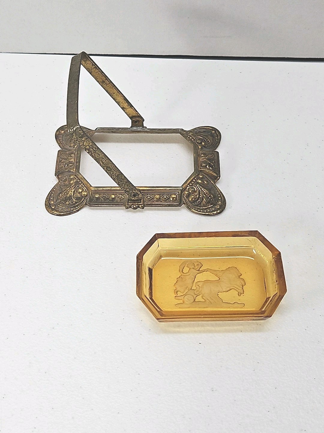 Antique Czech Amber Glass Salt Cellar Intaglio Design Ornate Brass Holder RARE