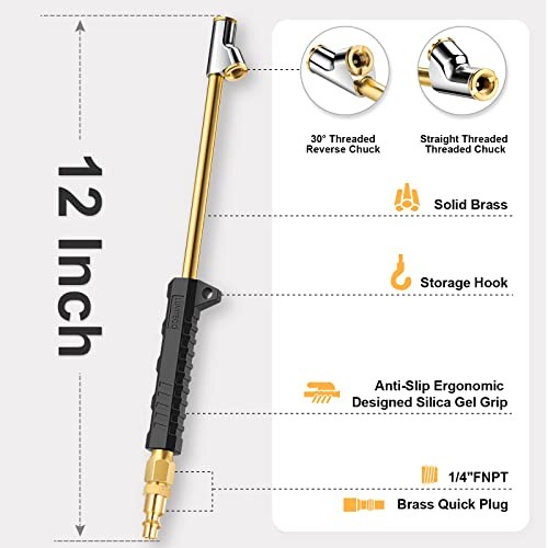 2 Pack 12" Extended Reach Dual Head Air Chuck, 2-Way Connection Solid Brass