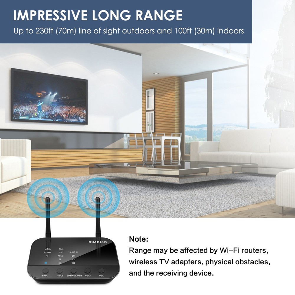 SIMOLIO Bluetooth Transmitter Receiver for TV Home Stereo, aptX Low Latency & HD