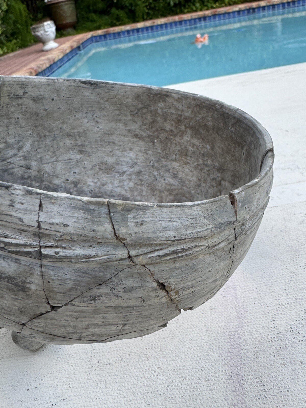 Native American PreColombian Rebuilt Footed Bowl Red Swirl Pattern Pottery Bowl