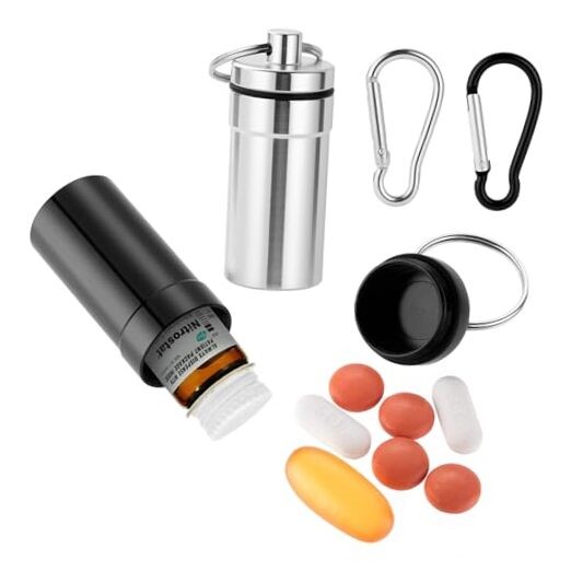 Keychain Pill Holder for Nitroglycerin, 2 Pack Mini Waterproof Black + Silver