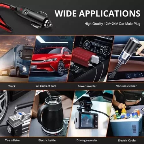 2Pcs Fused Male Car Cigarette Lighter Socket Plug Connector Cable Leads 12V~24V