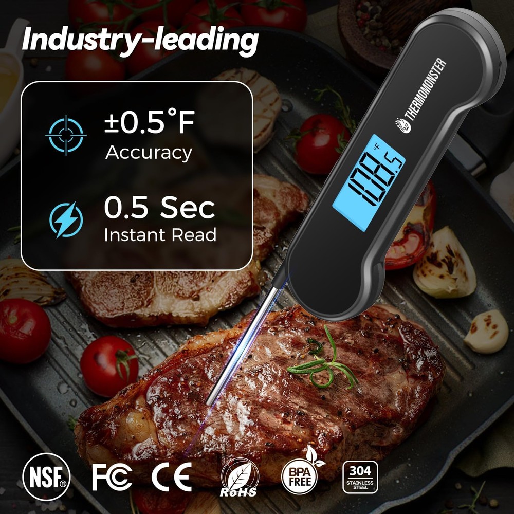0.5 Sec Instant Read Meat Thermometer Digital with ±0.5℉ Precision, Black