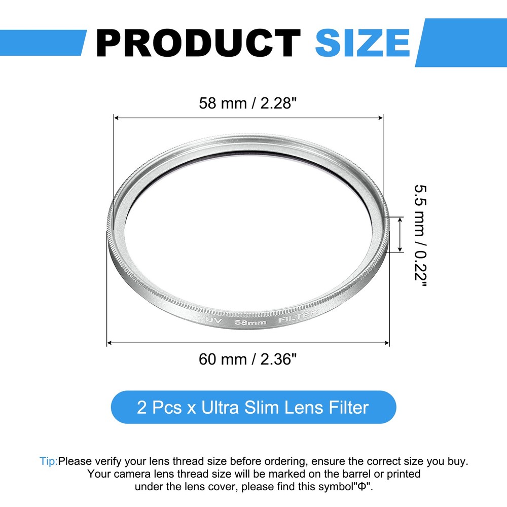 2Pcs 58mm Ultra Slim Lens Filter Multi Coating Camera Len Filter, Silver