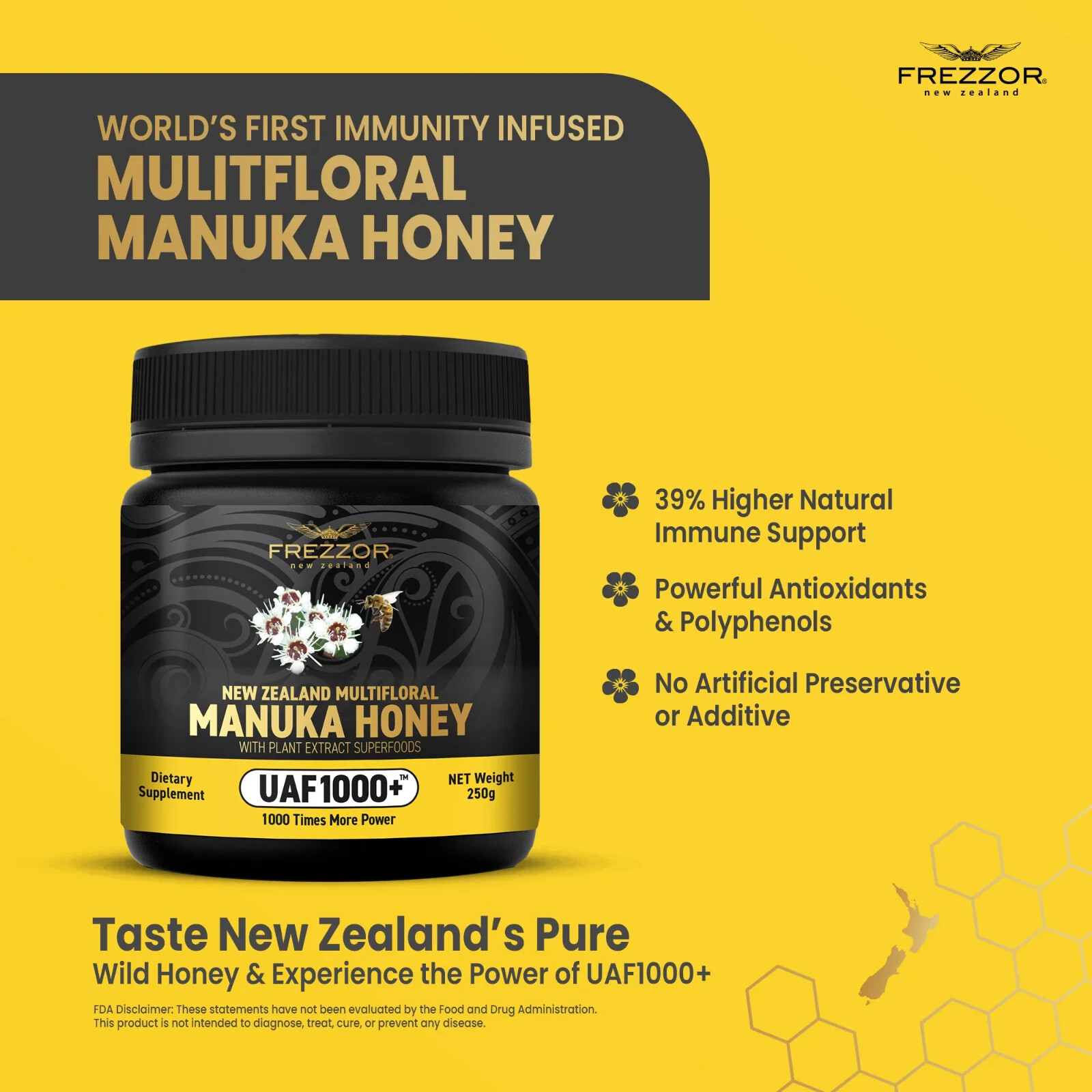 FREZZOR NEW ZEALAND MULTIFLORAL MANUKA HONEY UAF1000+, Cold & Flu Symptom Relief